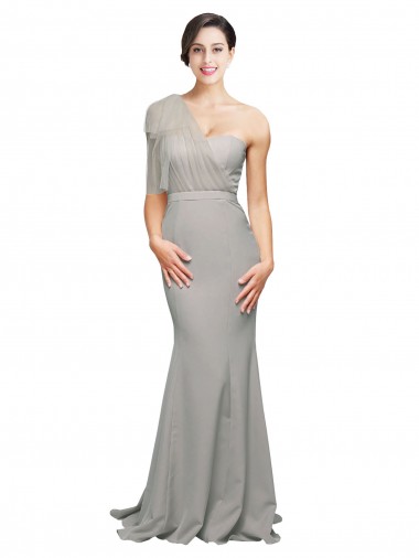 Discount Low Back One Shoulder Stretch Crepe & Tulle Oyster Silver Sweep Train Evening Dress UK