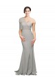 Discount Low Back One Shoulder Stretch Crepe & Tulle Oyster Silver Sweep Train Evening Dress UK