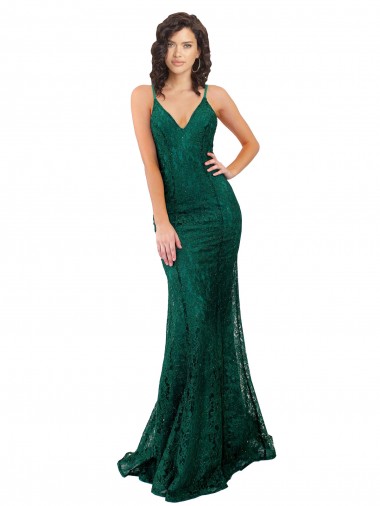 Discount Open Back V-Neck Lace Dark Green Long Semi Formal Evening Dress UK
