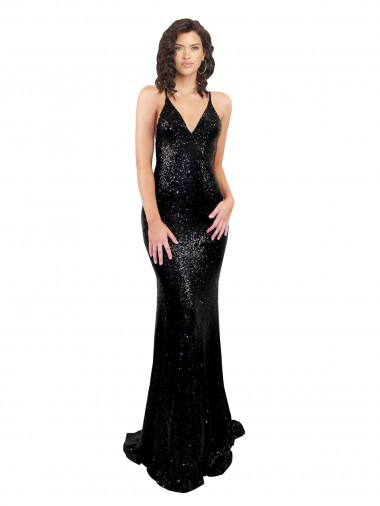 Discount Open Back V-Neck Sequin Black Long Sexy Evening Dress UK