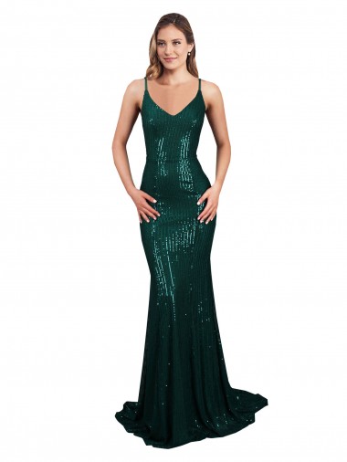 Discount Low Back V-Neck Sequin Dark Green Long Sexy Evening Dress UK