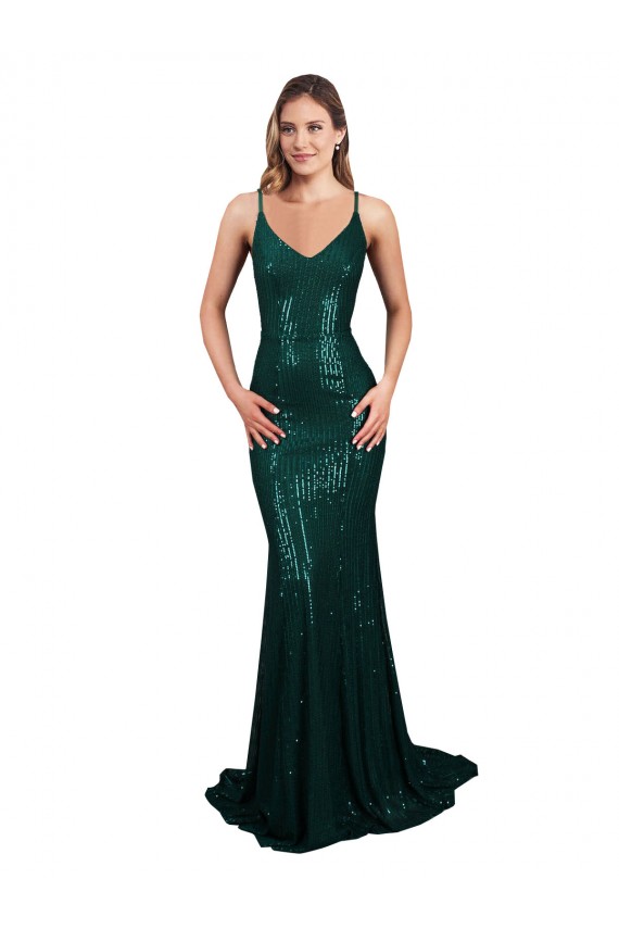 Discount Low Back V-Neck Sequin Dark Green Long Sexy Evening Dress UK