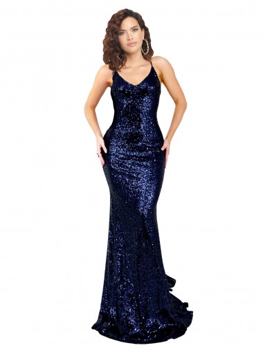 Discount Open Back V-Neck Sequin Dark Navy Long Sexy Evening Dress UK