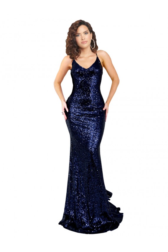 Discount Open Back V-Neck Sequin Dark Navy Long Sexy Evening Dress UK