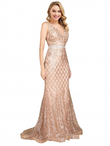 Discount V-Back V-Neck Sparkling Sequin Rose Gold Long Plus Size Evening Dress UK