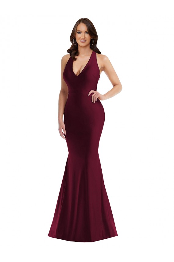 Discount Open Back V-Neck Silky Satin Burgundy Long Sexy Plus Size Evening Dress UK