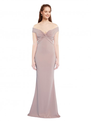 Discount Keyhole Back Off the Shoulder Stretch Crepe Dusty Pink Long Evening Dress UK