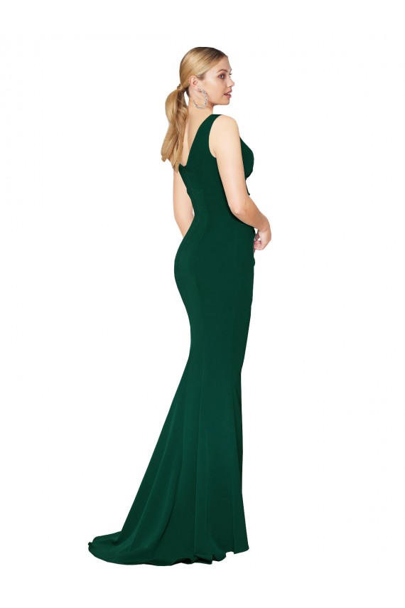 Discount V-Neck Stretch Crepe Midnight Green Long Evening Dress UK
