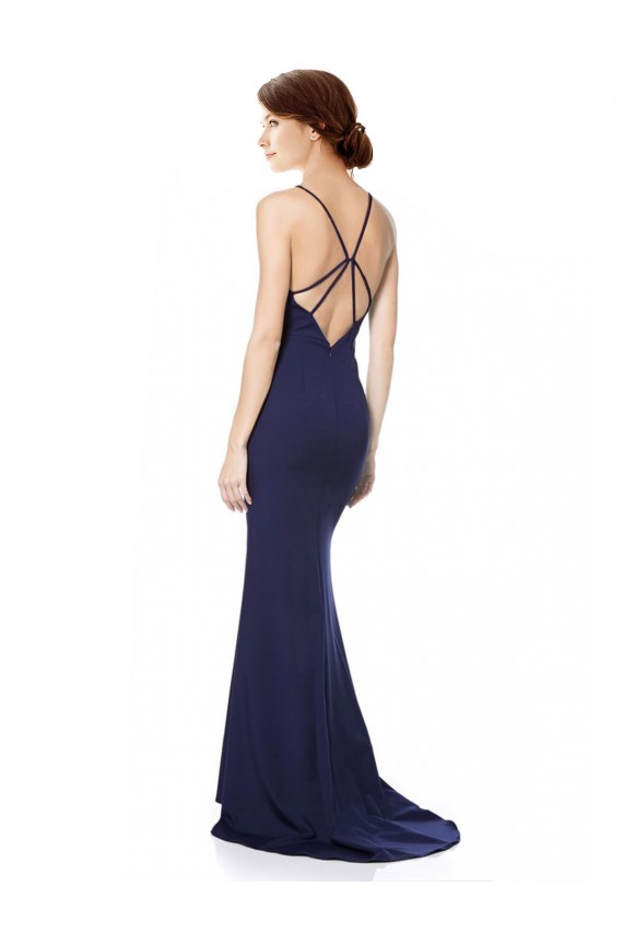 Discount Open Back Halter Neck Stretch Crepe Navy Blue Long Evening Dress UK