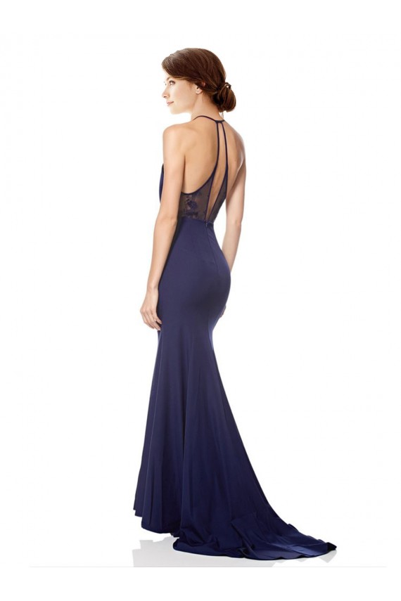 Discount Halter Neck Stretch Crepe Navy Blue Long Evening Dress UK