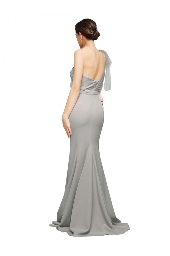 Discount Low Back One Shoulder Stretch Crepe & Tulle Oyster Silver Sweep Train Evening Dress UK