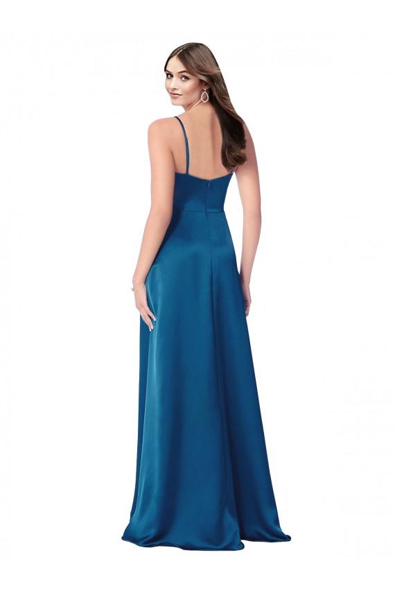 Discount Low Back Spaghetti Straps Silky Satin Peacock Blue Long Evening Dress UK