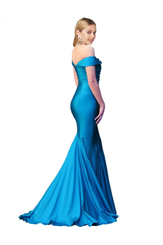 Discount Off the Shoulder Satin Peacock Blue Long Evening Dress UK