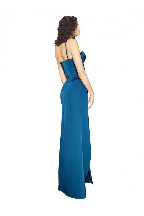 Discount Low Back Spaghetti Straps Silky Satin Peacock Blue Sleeveless Long Evening Dress UK