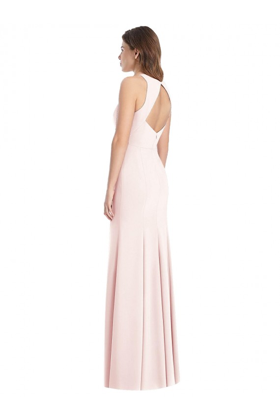 Discount Open Back Bateau Neck Stretch Crepe Pink Long Semi Formal Evening Dress UK