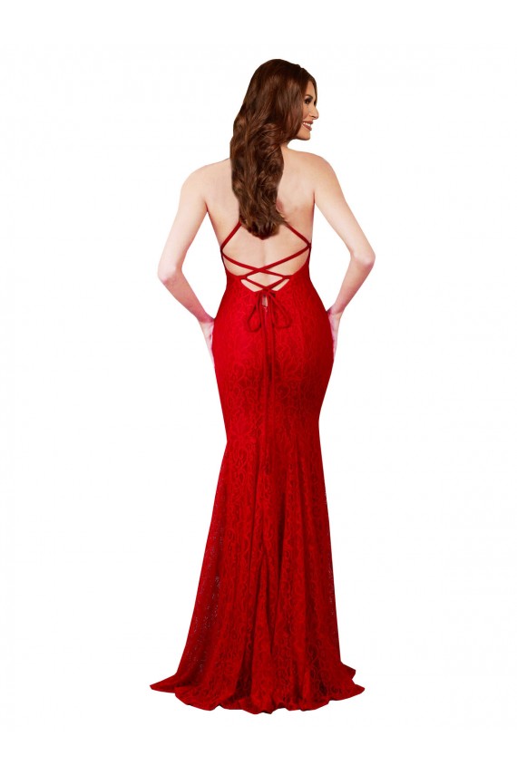 Discount Open Back V-Neck Lace Red Long Evening Dress UK
