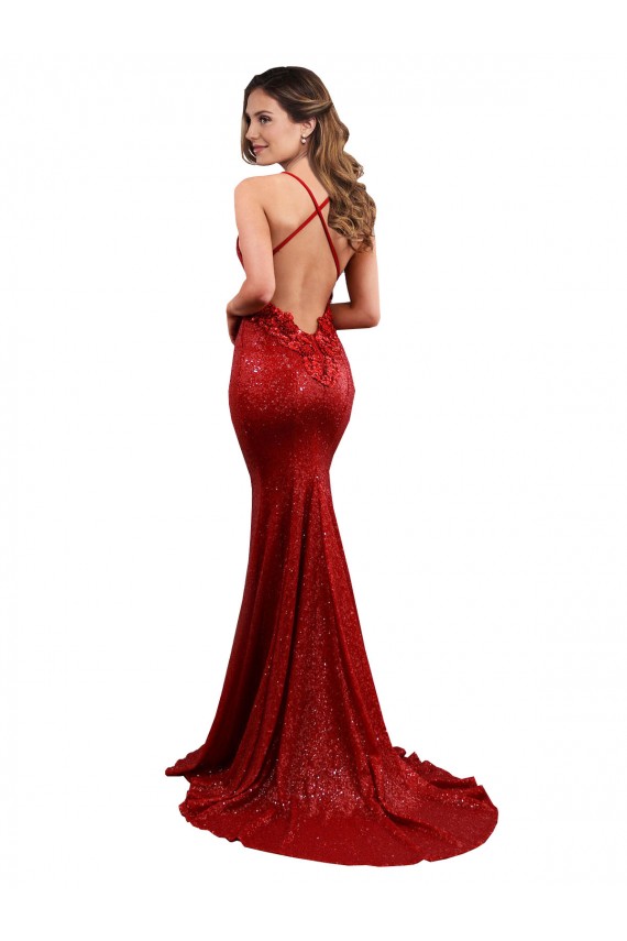 Discount Open Back V-Neck Sequin Red Long Wedding Party Dress UK