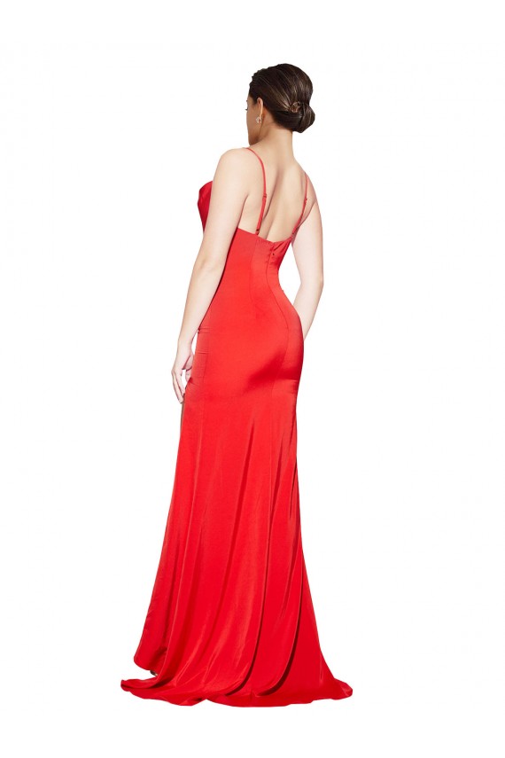 Discount Low Back Cowl Neck Stretch Satin Red Long Evening Dress UK