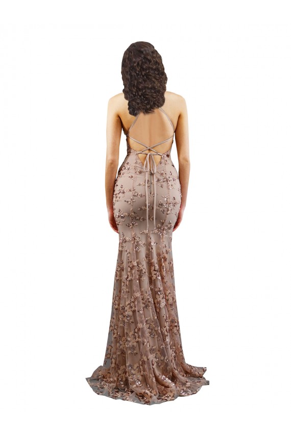 Discount Open Back V-Neck Stretch Crepe & Sequin Tulle Rose Gold Long Evening Dress UK