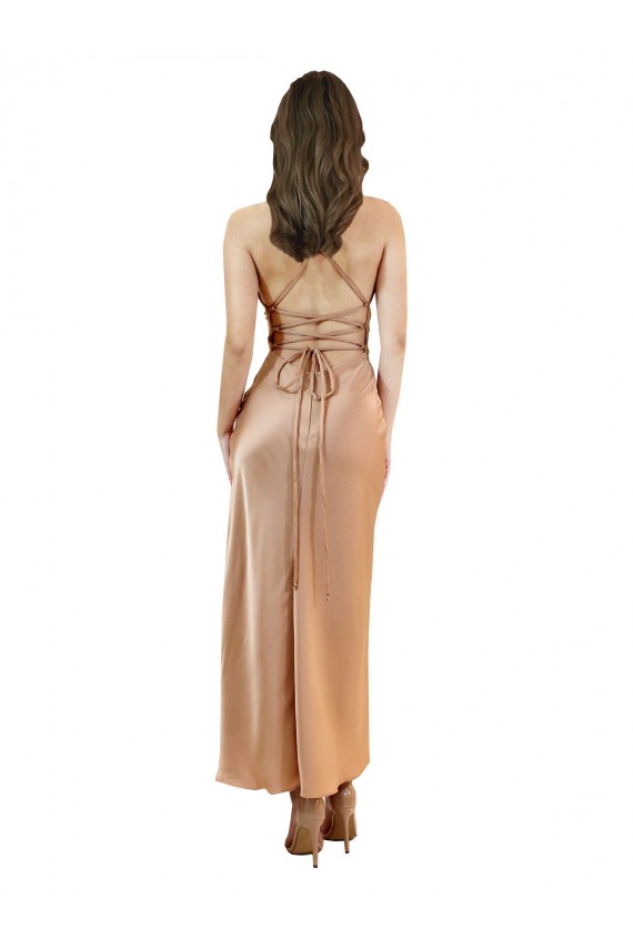 Discount Open Back Cowl Neck Silky Satin Rose Gold Midi Length Evening Dress UK