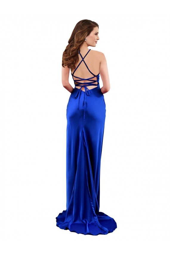 Discount Open Back Cowl Neck Silky Satin Royal Blue Long Evening Dress UK