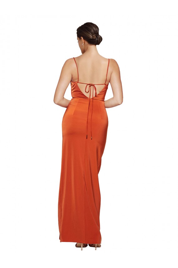 Discount Open Back Spaghetti Straps Stretch Satin Rust Sweep Train Evening Dress UK