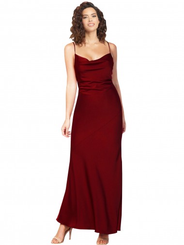 Discount Low Back Cowl Neck Silky Satin Burgundy Long Evening Dress UK