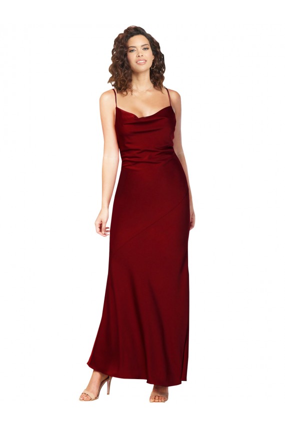 Discount Low Back Cowl Neck Silky Satin Burgundy Long Evening Dress UK