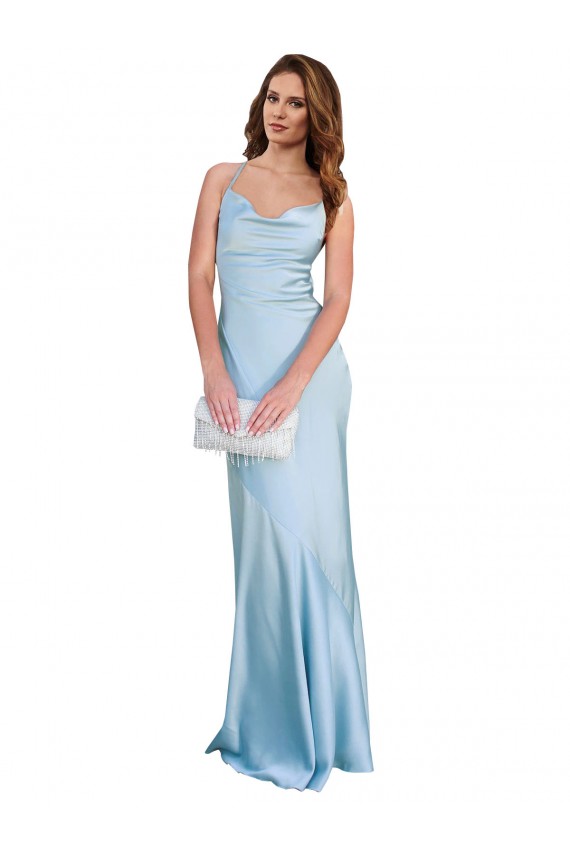 Discount Open Back Cowl Neck Silky Satin Light Sky Blue Long Evening Dress UK