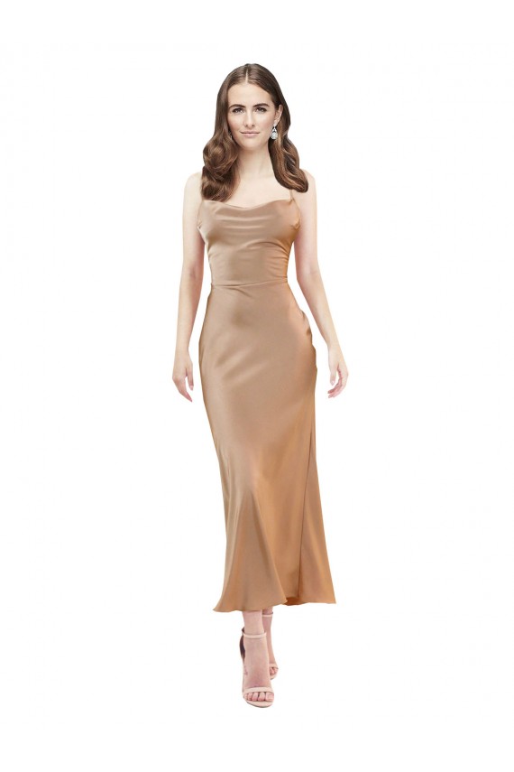 Discount Open Back Cowl Neck Silky Satin Rose Gold Midi Length Evening Dress UK