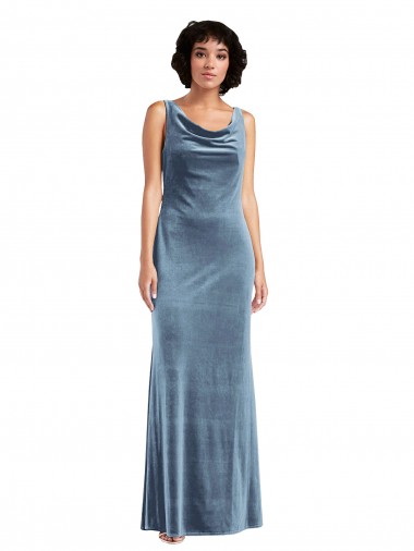 Discount V-Back Cowl Neck Stretch Velvet Dusty Blue Long Maxi Evening Dress UK