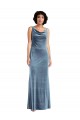 Discount V-Back Cowl Neck Stretch Velvet Dusty Blue Long Maxi Evening Dress UK