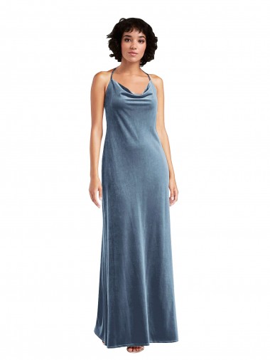 Discount V-Back Cowl Neck Stretch Velvet Dusty Blue Long Maxi Wedding Party Dress UK