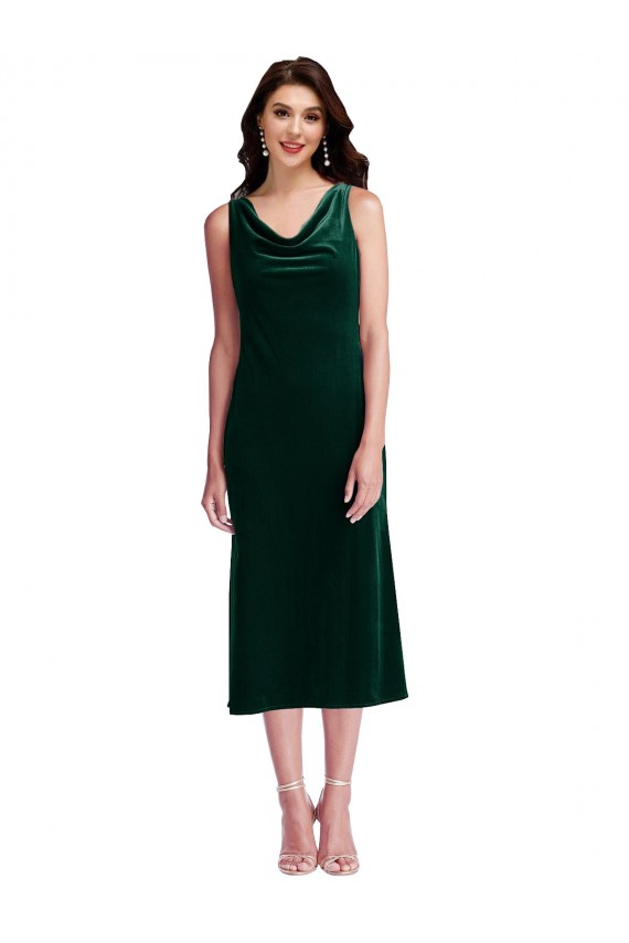 Discount V-Back Cowl Neck Stretch Velvet Dark Green Midi Length Maxi Evening Dress UK