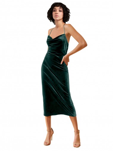 Discount Open Back Spaghetti Straps Stretch Velvet Dark Green Midi Length Evening Dress UK