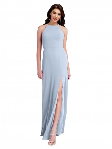 Discount Open Back Halter Neck Stretch Crepe Light Sky Blue Sleeveless Long Evening Dress UK