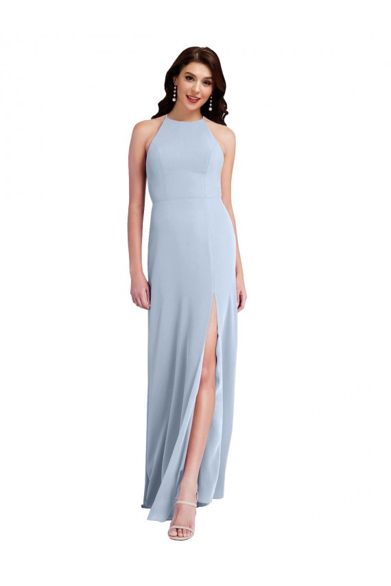 Discount Open Back Halter Neck Stretch Crepe Light Sky Blue Sleeveless Long Evening Dress UK
