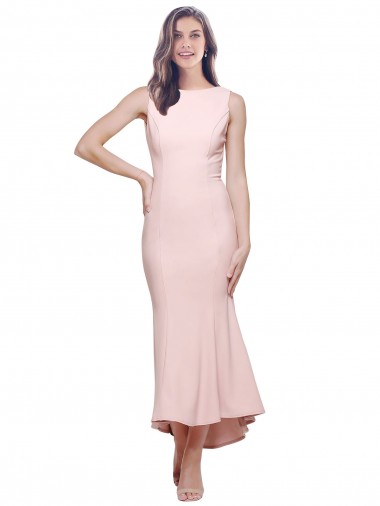 Discount Low Back High Neck Stretch Crepe Pink Midi Length Wedding Party Dress UK