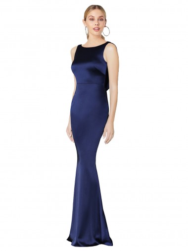 Discount Low Back Halter Neck Stretch Satin Dark Navy Long Evening Dress UK