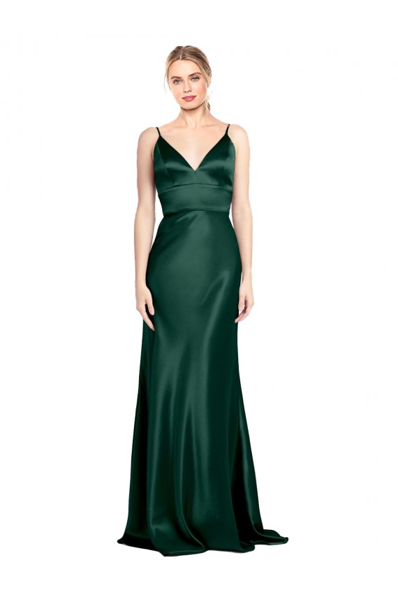 Discount V-Back Spaghetti Straps Stretch Satin Hunter Long Evening Dress UK