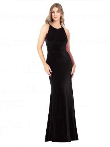 Discount Open Back Spaghetti Straps Stretch Velvet Black Sleeveless Long Evening Dress UK