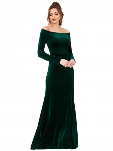 Discount Off the Shoulder Stretch Velvet Dark Green Long Sleeves Long Evening Dress UK