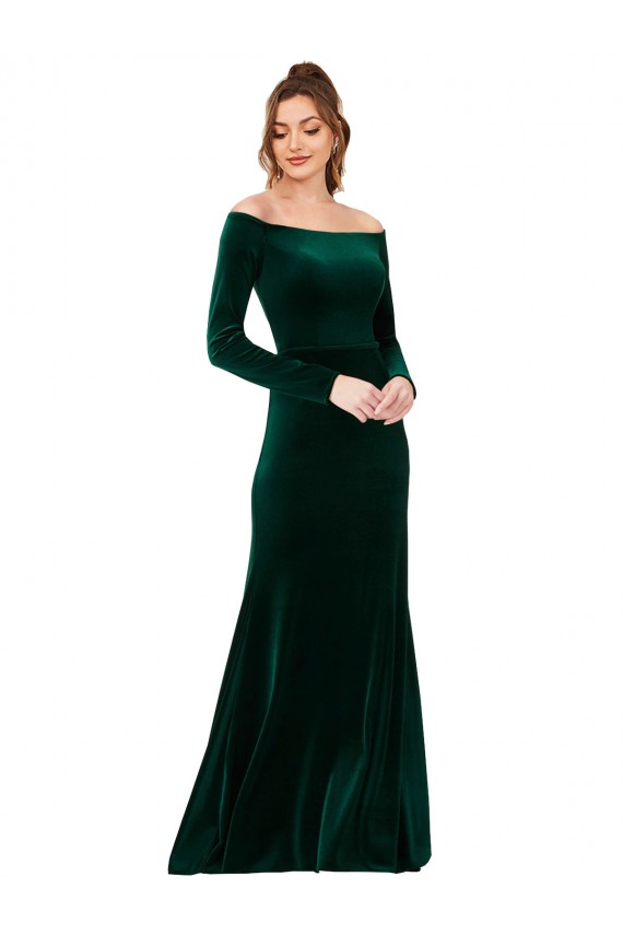 Discount Off the Shoulder Stretch Velvet Dark Green Long Sleeves Long Evening Dress UK