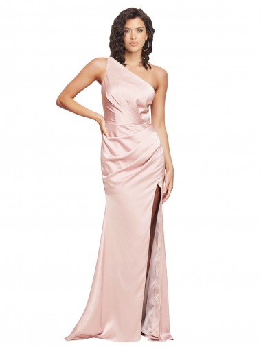 Discount Low Back One Shoulder Silky Satin Pink Long Evening Dress UK