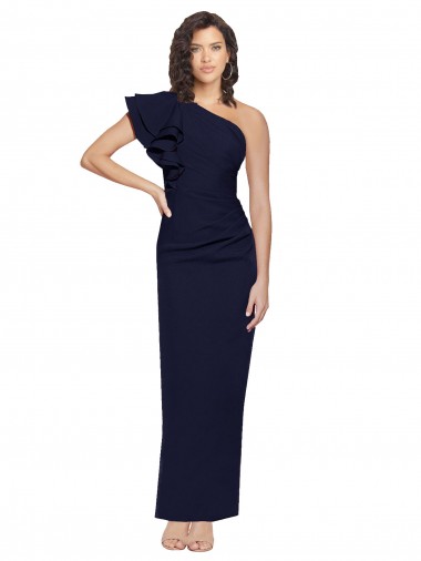 Discount One Shoulder Stretch Crepe Dark Navy Long Evening Gown UK