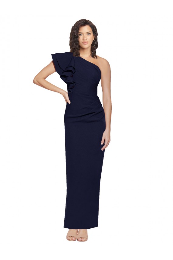Discount One Shoulder Stretch Crepe Dark Navy Long Evening Gown UK