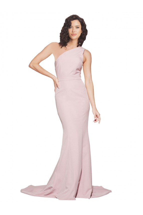 Discount One Shoulder Stretch Crepe Mauve Sweep Train Semi Formal Evening Dress UK