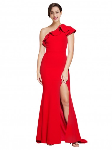 Discount One Shoulder Stretch Crepe Red Sweep Train Semi Formal Evening Dress UK