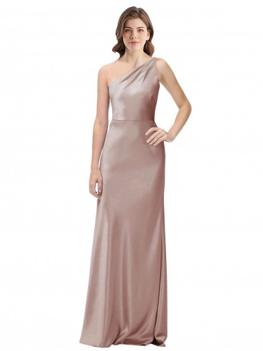 Discount Open Back One Shoulder Stretch Satin Dusty Pink Long Evening Dress UK