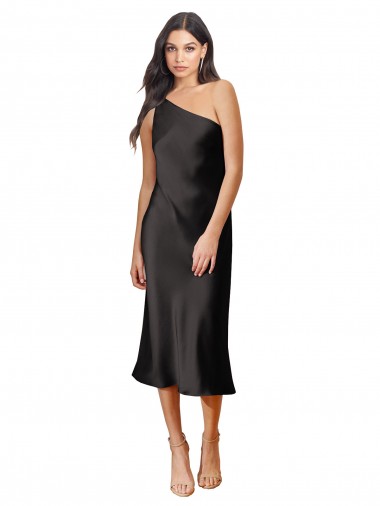 Discount One Shoulder Stretch Satin Black Midi Length Evening Dress UK